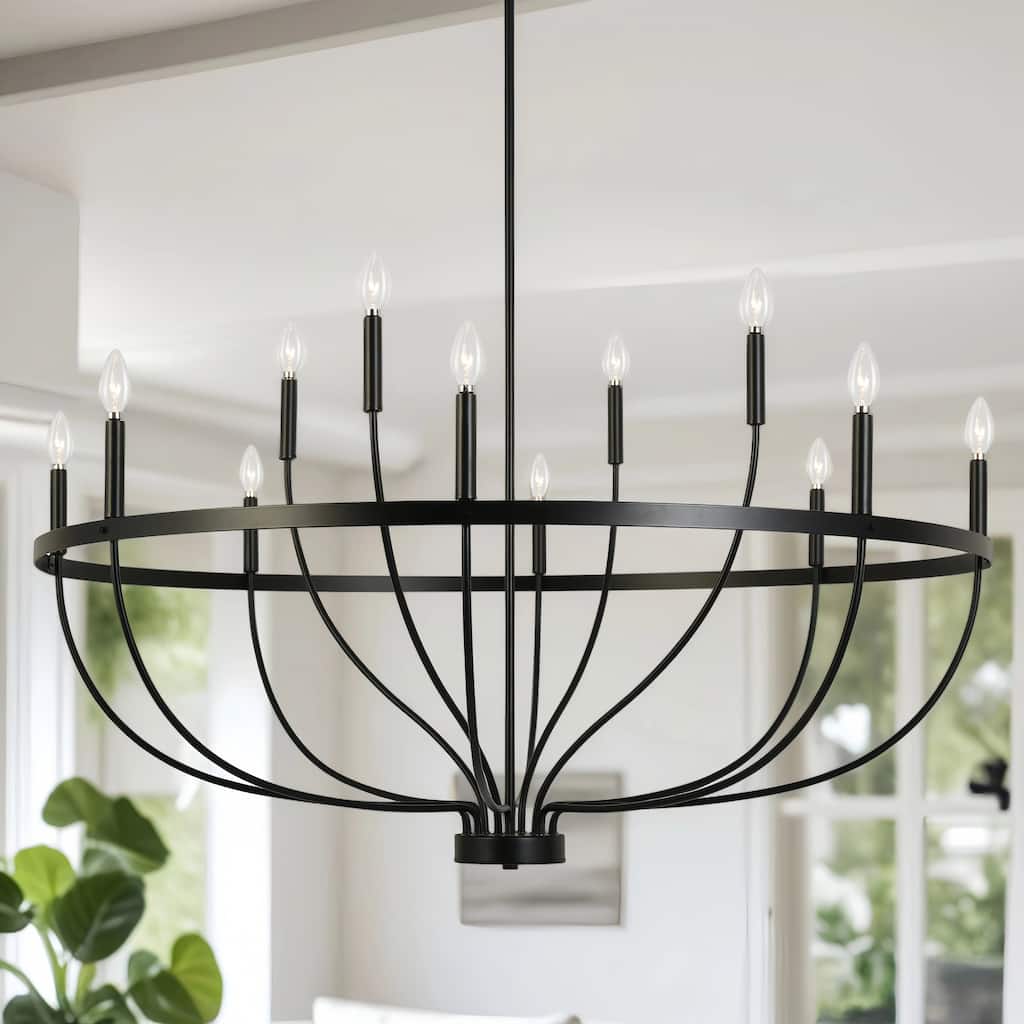 Oriea Modern Farmhouse 12-Light Black Wheel Chandelier Classic Candle Light for Dining Living Room