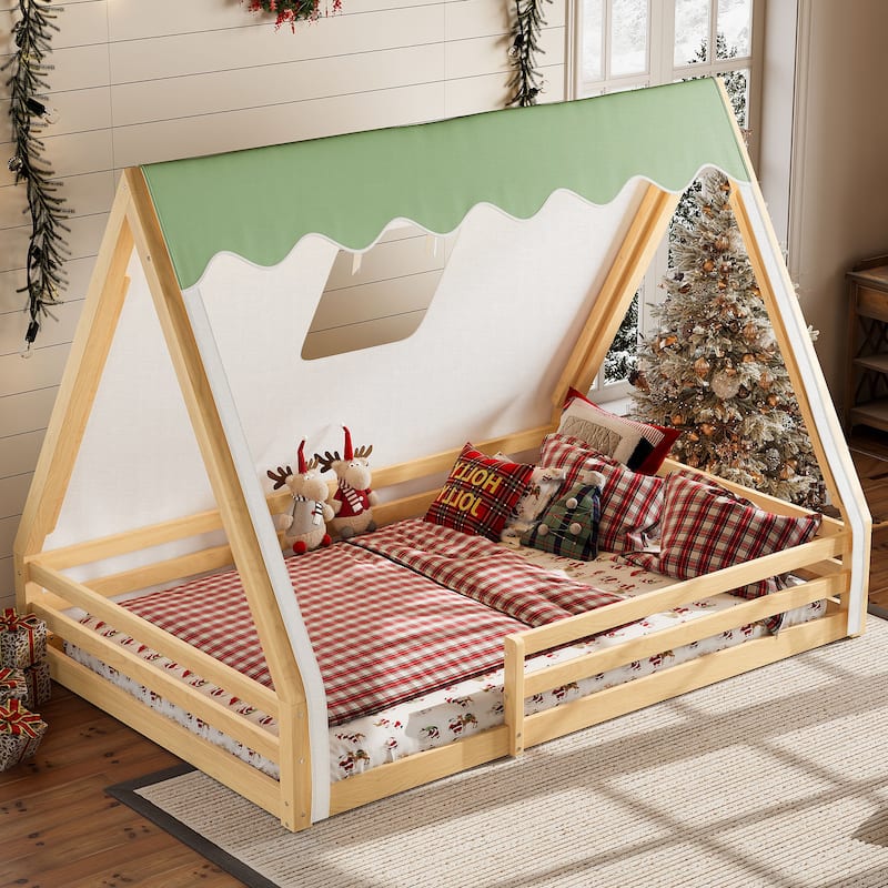 Full/Twin House Floor Bed with Tent, LED Light & Guardrails