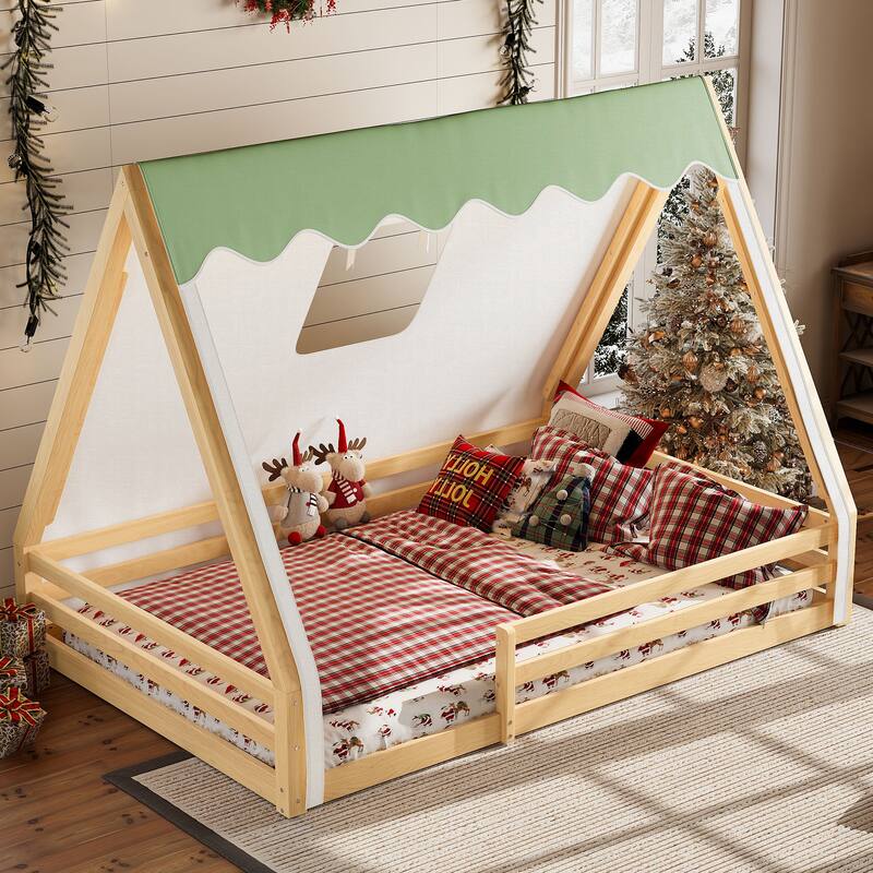 House Floor Bed with Tent and Light Montessori Kids Wood Bed Frame