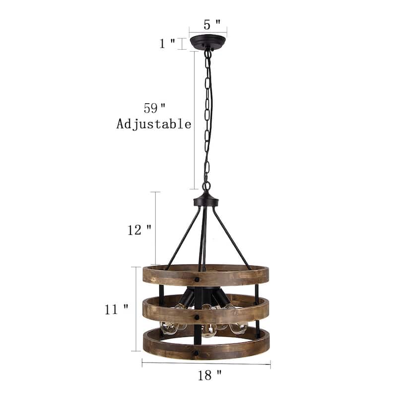 Modern Farmhouse 5-Light Drum Wood Chandeliers Cage Pendant Light for Dining Room - 18" D x 23" H