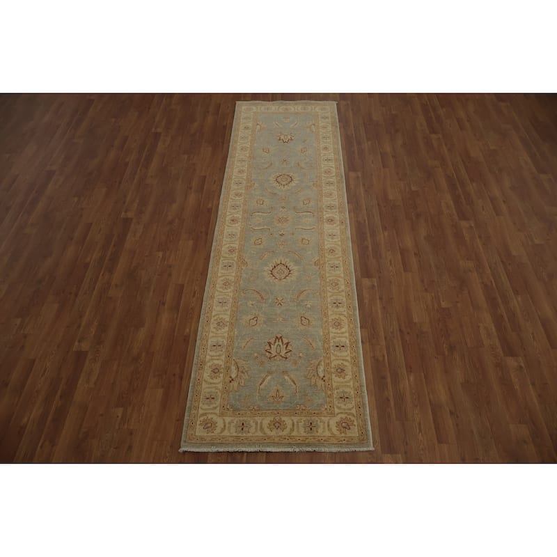 Hand Knotted Oriental 100% Wool Carpet Traditional Floral Greys & Charcoal Peshawar Runner Rug - 9' 8'' X 2' 9''