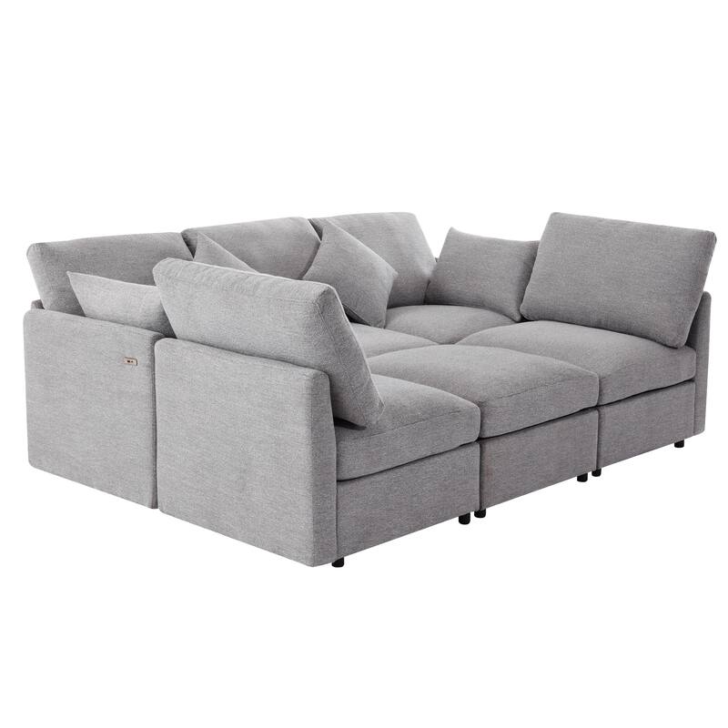 85.4" Modular U/L-shaped Sofa Bed with Ottoman & Two USB Ports, Light Grey Chenille