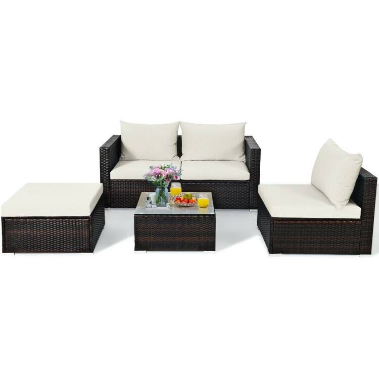 5Pcs Patio Rattan Furniture Set with Coffee Table - 29" x 29" x 23.5" (L x W x H)