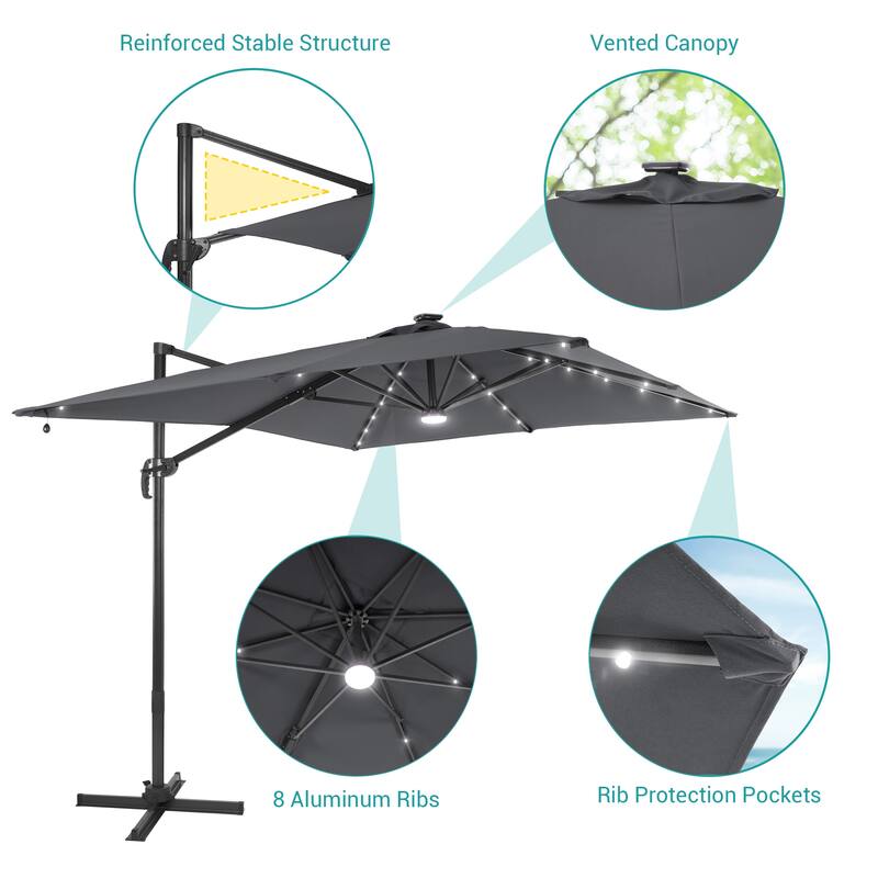 BONOSUKI 10x8FT LED Cantilever Patio Umbrella 360 Rotation and Canopy
