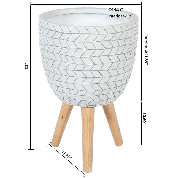 dimension image slide 1 of 2, Cube Design White Round MgO Planter with Wood Legs
