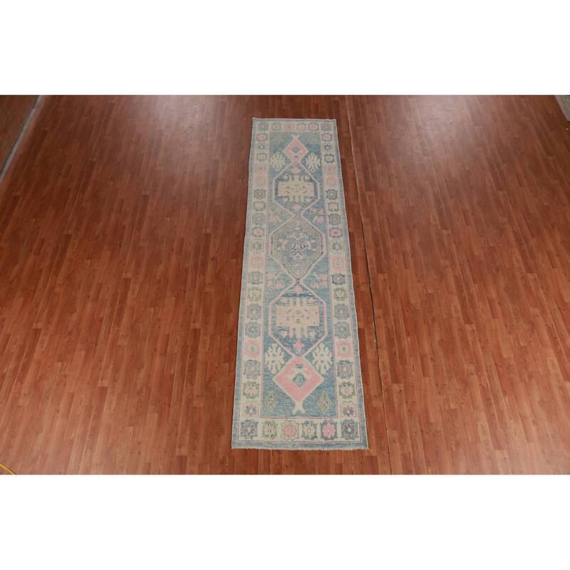 Hand Knotted Oriental 100% Wool Carpet Transitional Geometric Navy Blue & Blues Oushak Runner Rug - 11' 9'' X 3' 3''
