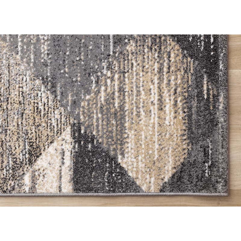 Grey Beige White Distressed Diamond Pattern Living Room Rug