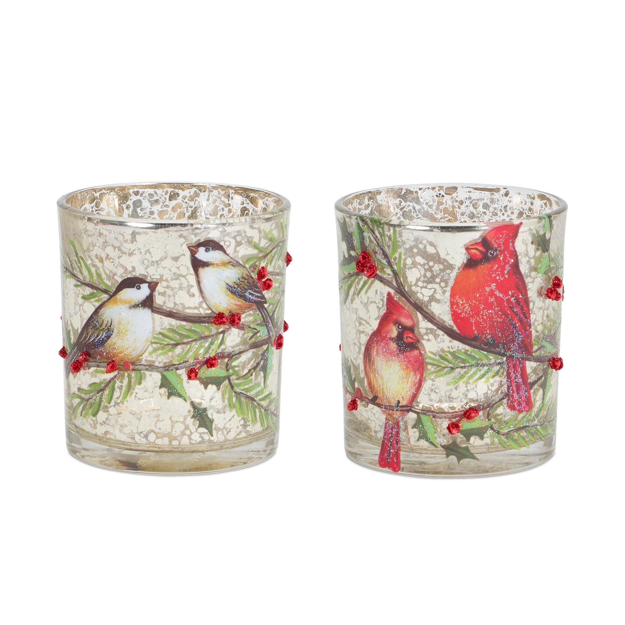 Glittered Cardinals and Winter Birds Glass Christmas Votive Candle Holder - 3.25" - Set of 6