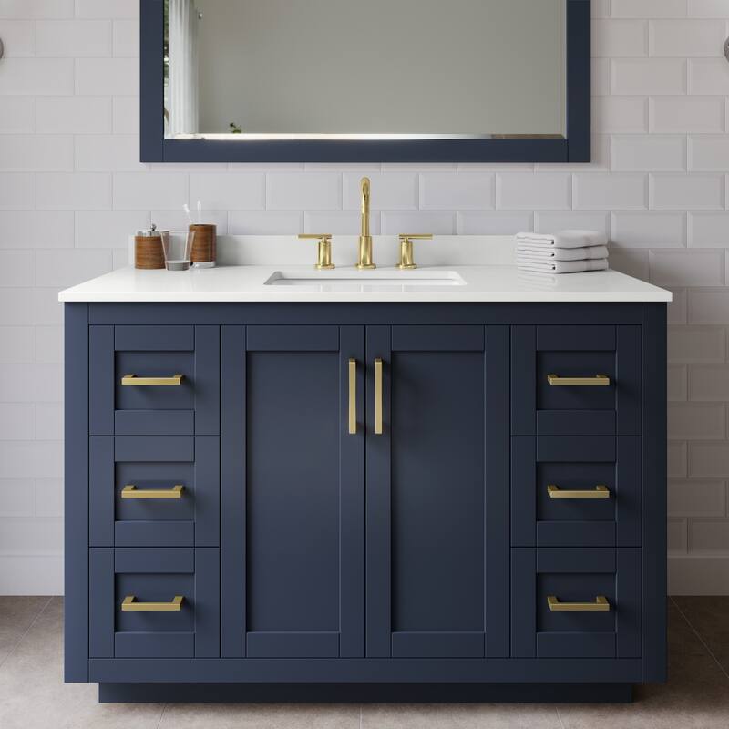 Wyndham Collection WCF292948S-QTZ-US3MXX Miranda 48" Free Standing - Dark Blue / White Quartz Top / Brushed Gold