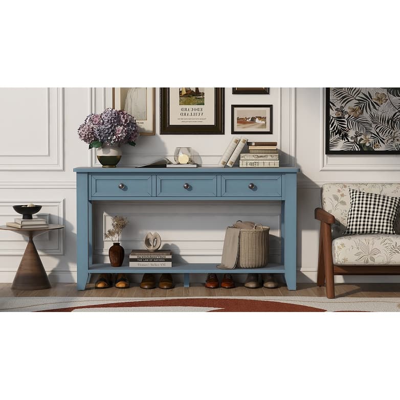55.4" Modern Entryway Console Table With Three Storage Drawers,Sideboard With Poplar Legs And Metal Handles,Narrow Sofa Table