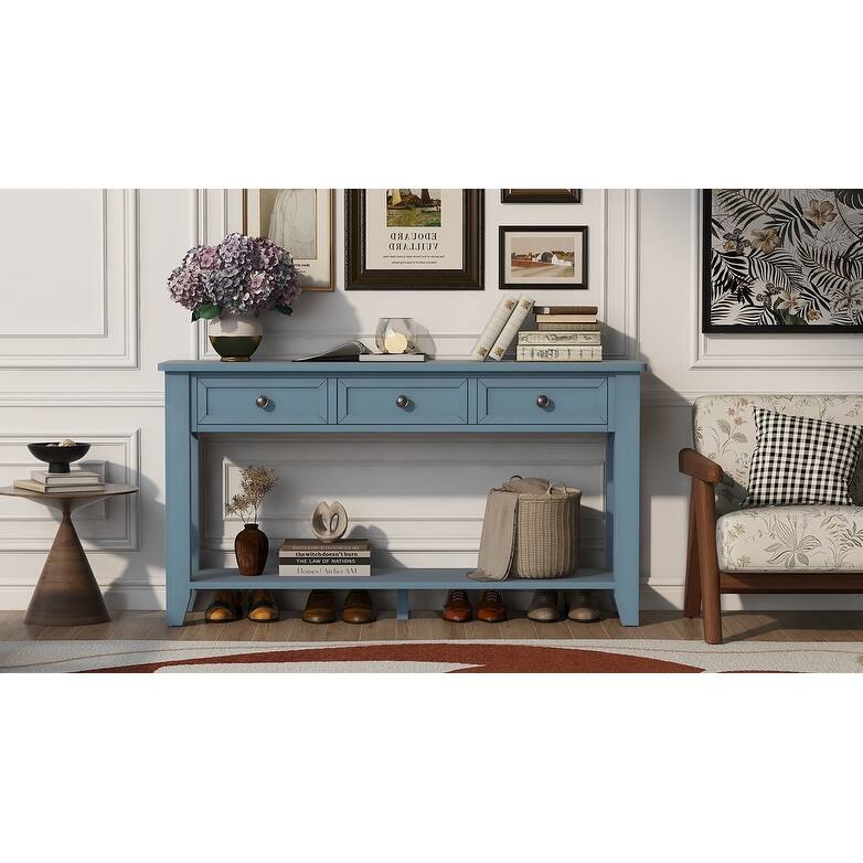 55.4" Modern Entryway Console Table with Three Storage Drawers,Sideboard with Poplar Legs and Metal Handles