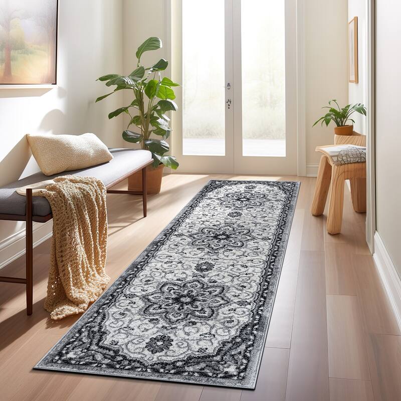 Traditional Medallion Area Rug - 2' x 7' - White - Runner