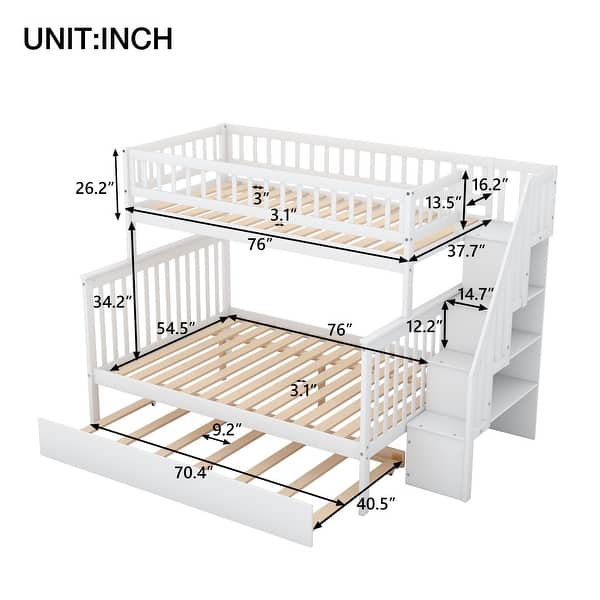 White Twin over Full Pine Wood Bunk Bed with Trundle and Staircase