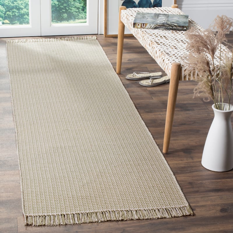 SAFAVIEH, Handmade Montauk Cliff Stripe Flatweave Cotton Fringe Rug - 2'3" x 10' Runner - Ivory/Green