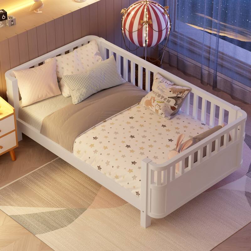 Twin Size Wood Platform Bed w/ Rails for Girls Boys - White