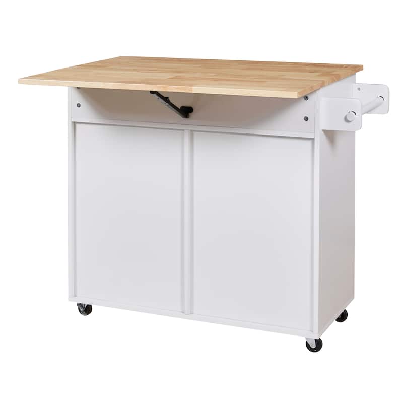 Rolling Kitchen Island with Adjustable Shelf Tower Rack, Rubber Wood Top Storage Cabinet with Divider and Internal Storage Rack