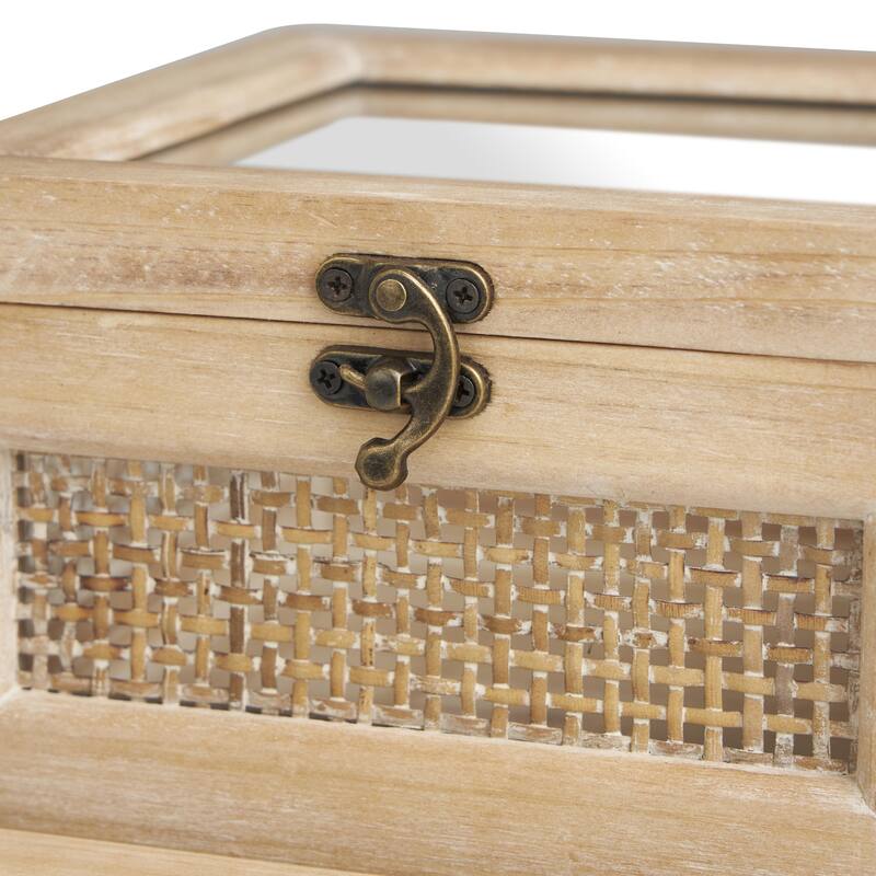 Wood Glass Top Box with Rattan Side Panels and Bronze Hook Closures - Set of 2 Light Brown - Roche River Decor