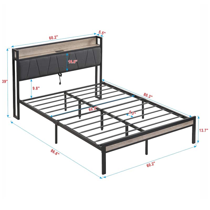 Queen Size Metal Platform Bed Frame with Storage, Headboard, Footboard, USB Port, No Box Spring Needed, Easy Assembly