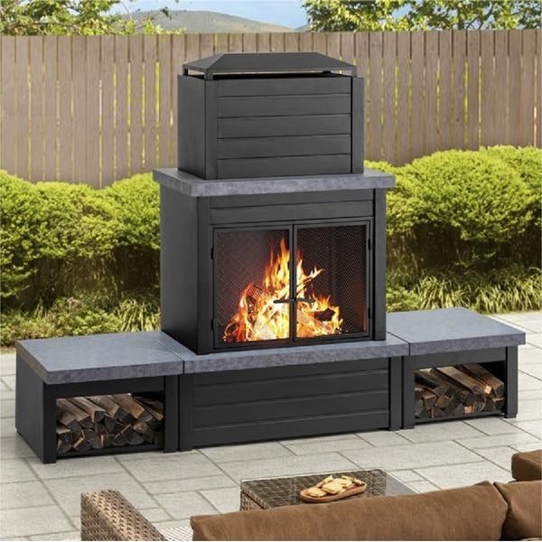 Outdoor Fireplace, Patio Wood Burning Steel Fireplace with Chimney