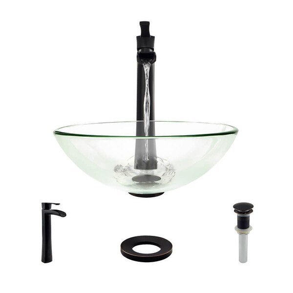 Rene R5-5001-CRY-R9-7007 16-1/2" Glass Vessel Bathroom Sink with Vessel Faucet, Sink Ring, and Vessel Pop-Up Drain