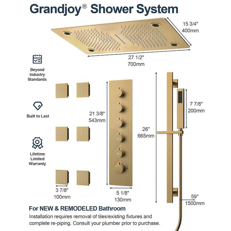 GRANDJOY LUXURY Shower Faucet Set 28"*16" Ceiling Mount Shower Head Body Jets Handheld Spray with Slide Bar LED Music