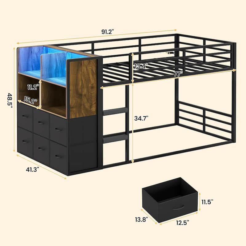 Twin Size Low Loft Bed 6 Fabric Storage Drawers LED Lights Twin Over Twin Bunk Bed