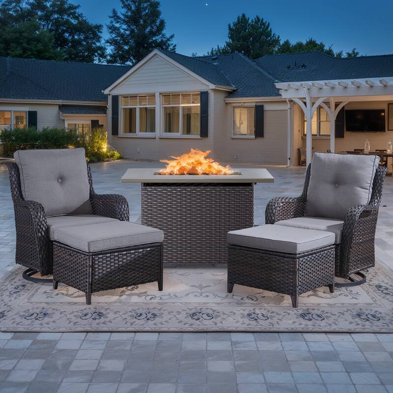 Fire Pit Table with Siwvel Chair Ottomans - Grey - Brown