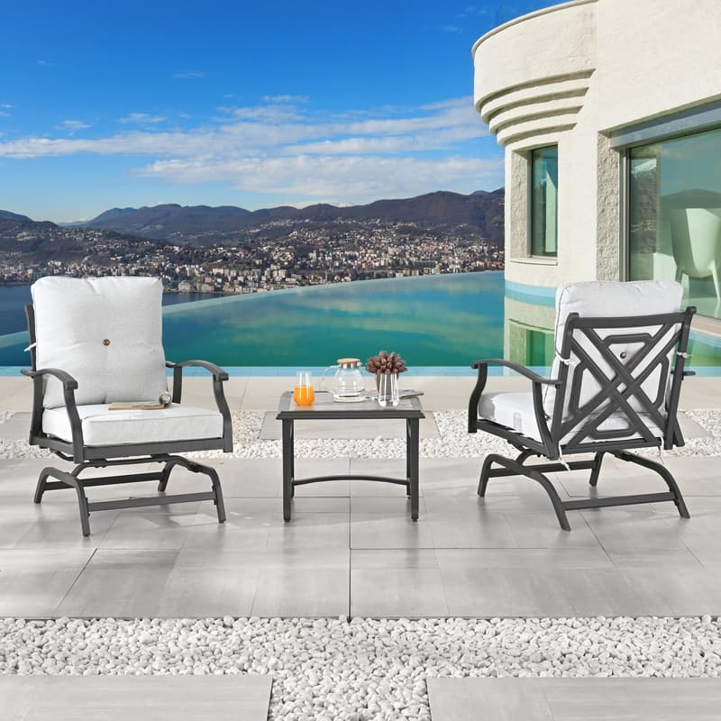 3-Piece Outdoor Metal Rocking-Motion Conversation Bistro Set - Off White