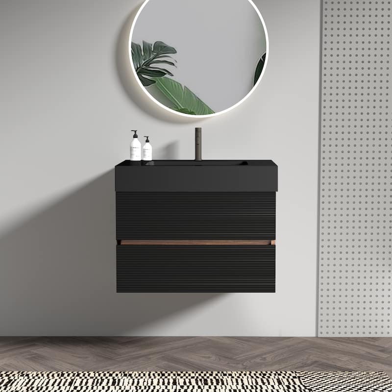 GDFStudio - Henry Grace Mid-Century Floating Bathroom Vanity with Integrated Quartz Basin and Dual Drawer Storage - Black+Brown - 30" Bathroom Vanity