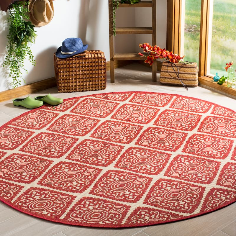 SAFAVIEH Linden Sharron Indoor/ Outdoor Waterproof Patio Backyard Rug - 6'7" Round - Red/Creme