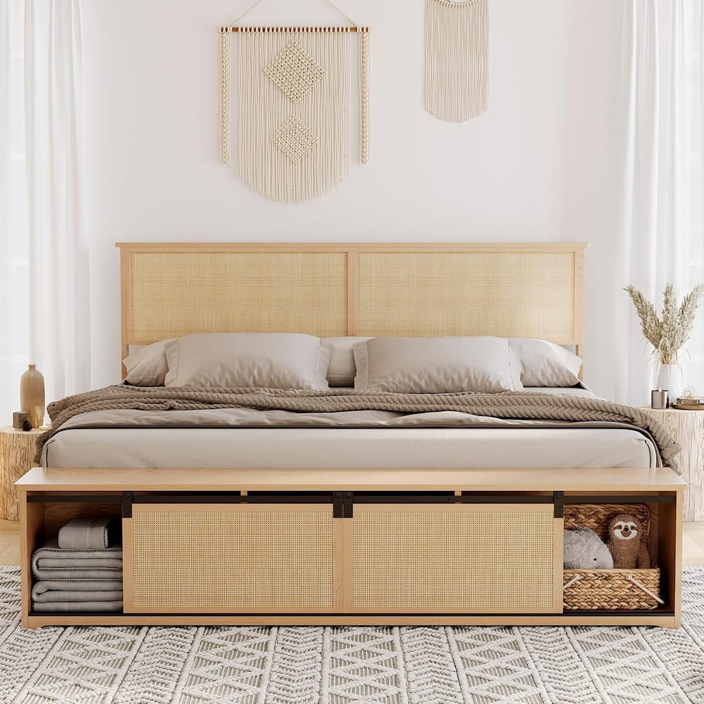 Natural Rattan Full Size Bed Frame with Sliding Barn Door Storage Cabinets