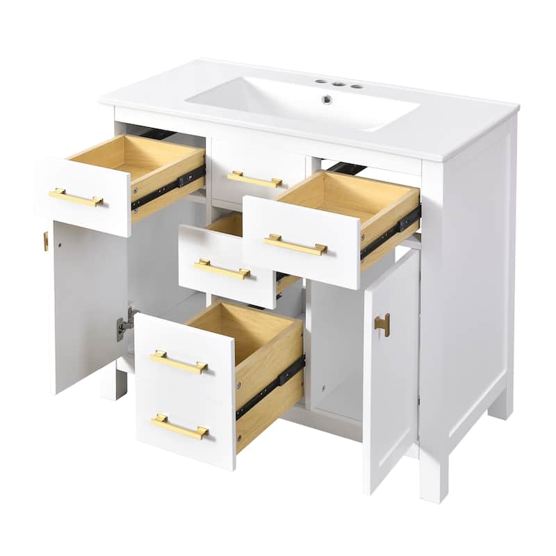 Roomfitters 36" Vanity with Ceramic Sink, Solid Wood Freestanding Cabinet with 4 Drawers and 2 Doors, Storage Unit for Bathroom