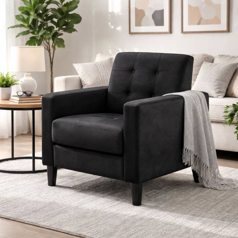 Oz 28 Inch Modern Accent Armchair with Foam Cushion, Tufted Black Velvet