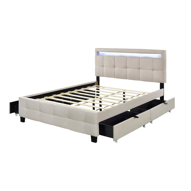 Queen Size Upholstered Platform Bed with LED Frame and Drawer