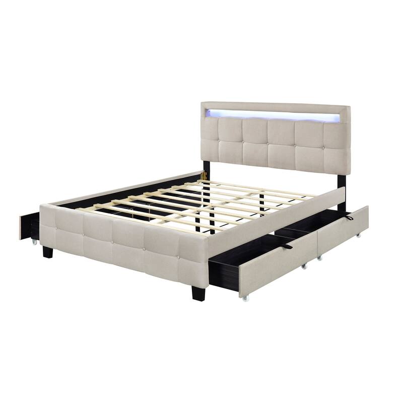 Upholstered Platform Bed with LED Frame and Drawers