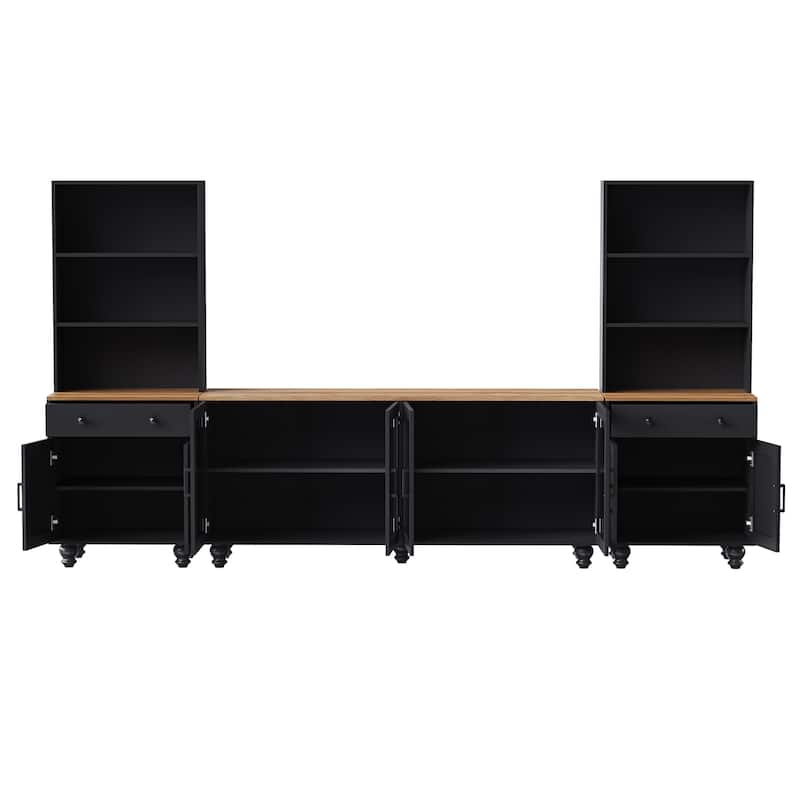 Farmhouse TV Stand with Solid Wood Legs for TVs Up to 70", Large Media Console Table with Bookshelves & Glass Doors