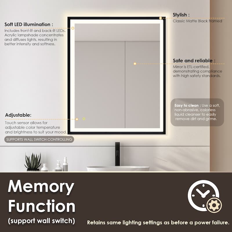 Apollo Rectangular Anti-Fog Dimmable Modern Bathroom/Vanity LED Lighted Wall Mirror in Matte Black Aluminum Framed