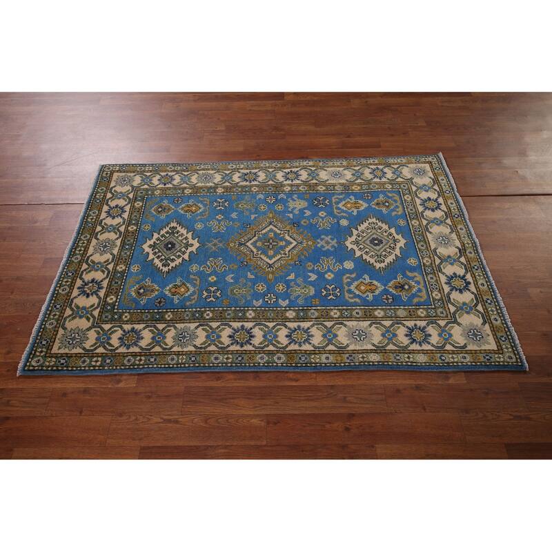 Blue Geometric Kazak Rug Handmade Oriental Wool Carpet - 3'4" x 5'0"