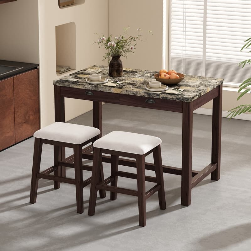 5-Pc Faux Marble Dining Set with 4 Upholstered Chairs and Storage, Walnut