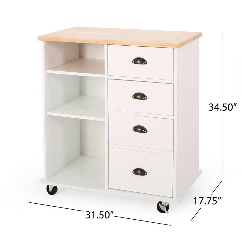 Fixed Wheel Rolling Modern Kitchen Utility Cart with 2 Drawers, 1 Cabinet, 3 Shelves and Rubberwood Top, Gray