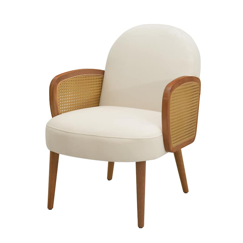 Velvet Accent Chair with Rattan Armrests, Rubberwood Legs and Ergonomic Back Support