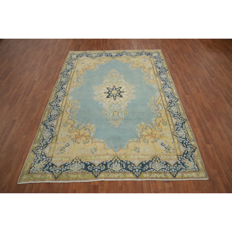 Hand Knotted Oriental 100% Wool Carpet Traditional Floral Navy Blue & Blues Kerman Area Rug - 10' 1'' X 7' 4''