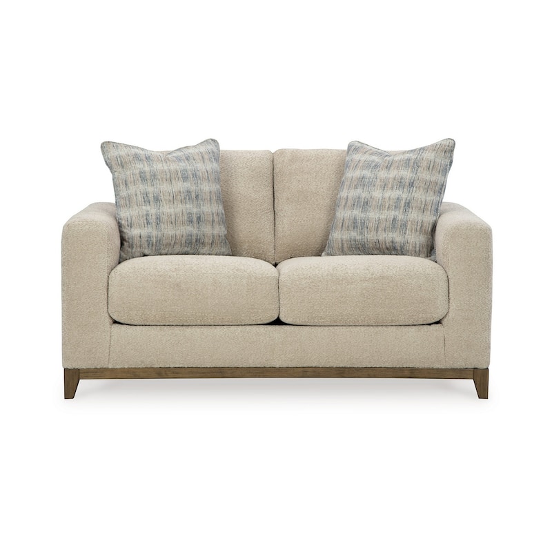 Klyn 67 Inch Loveseat with 2 Accent Pillows, Beige Polyester Upholstery