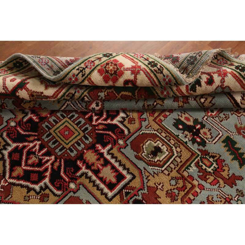 Light Blue Medallion Heriz Serapi Indian Rug Hand-Knotted Wool Carpet - 7'11" x 9'10"