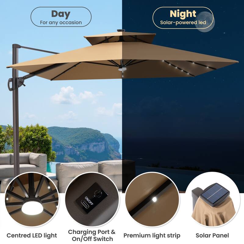 11 FT Square Outdoor Premium Double Top Solar Powered LED Patio Cantilever Umbrella