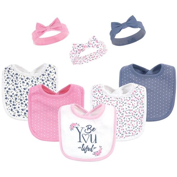 slide 1 of 1, Hudson Baby Infant Girl Cotton Bib and Headband or Caps Set 8pk, Beyoutiful, One Size - Beyoutiful - One Size