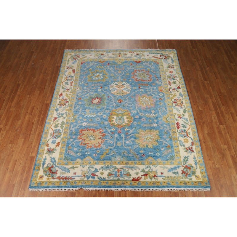 Light Blue Oushak Indian Area Rug Hand-Knotted Wool Carpet - 7'11"x 9'7"