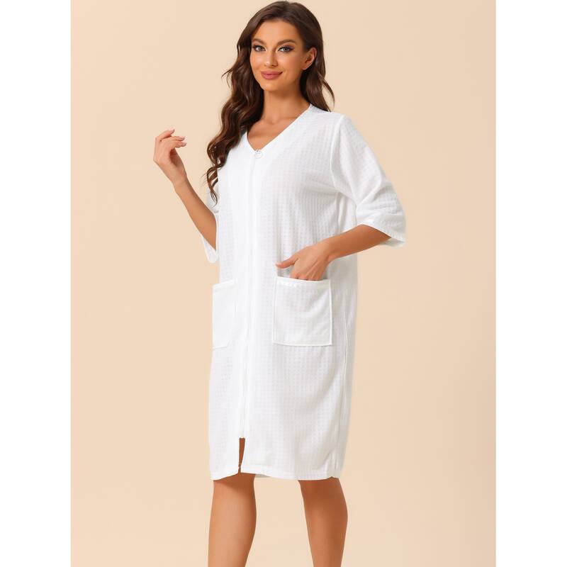 Women's Waffle Robe 3/4 Sleeves Spa Bathrobe Loungewear Zipper Up Robes - White - L