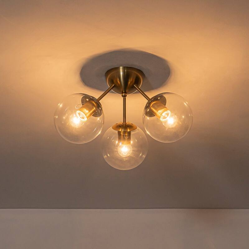 3-Light Brushed Brass Glass Globe Sputnik Semi Flush Mount