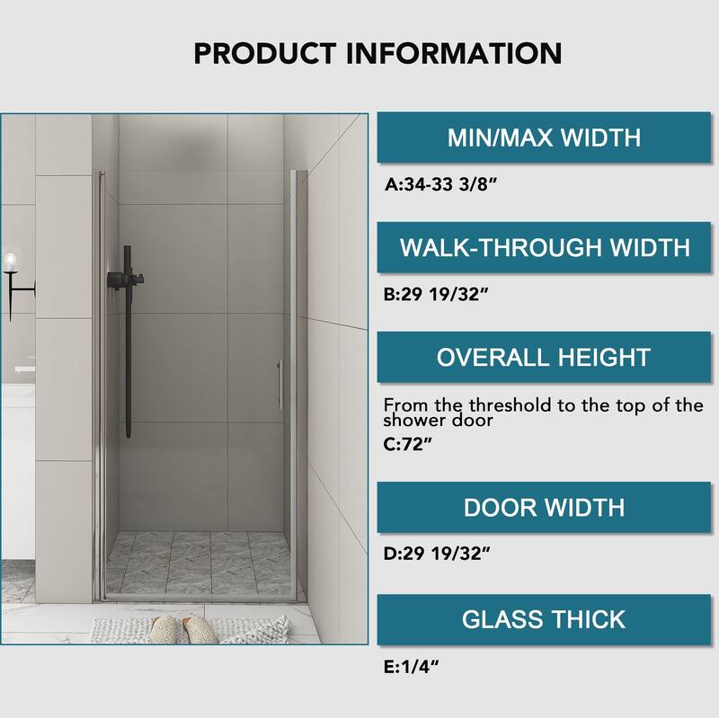 30/32/34/36 Inch Semi-Frameless Pivot Shower Door with Clear Tempered Glass